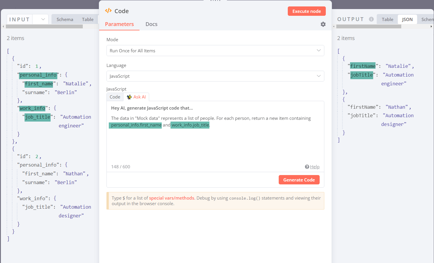 "Screenshot of an SMS-iT Workflow code node, highlighting how to reference data with dot notation in an AI query"