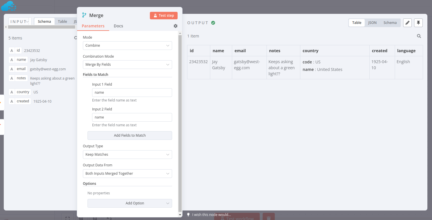 Output of Merge node with option to keep matches